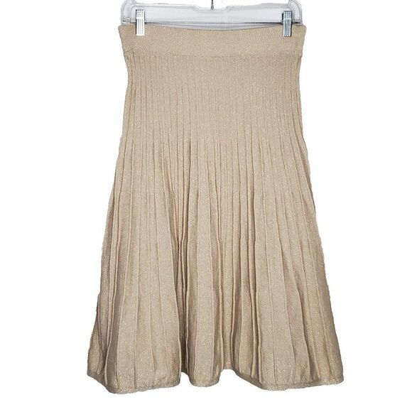 Ribbed Knit Sweater Midi Skirt M Tan Gold Metallic Thread Nanette Lapore - Picture 1 of 5